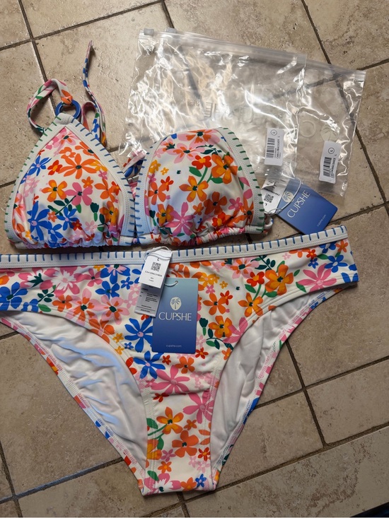 Cupshe Other - Cupshe White Floral Triangle Bikini with Multicolor Flowers